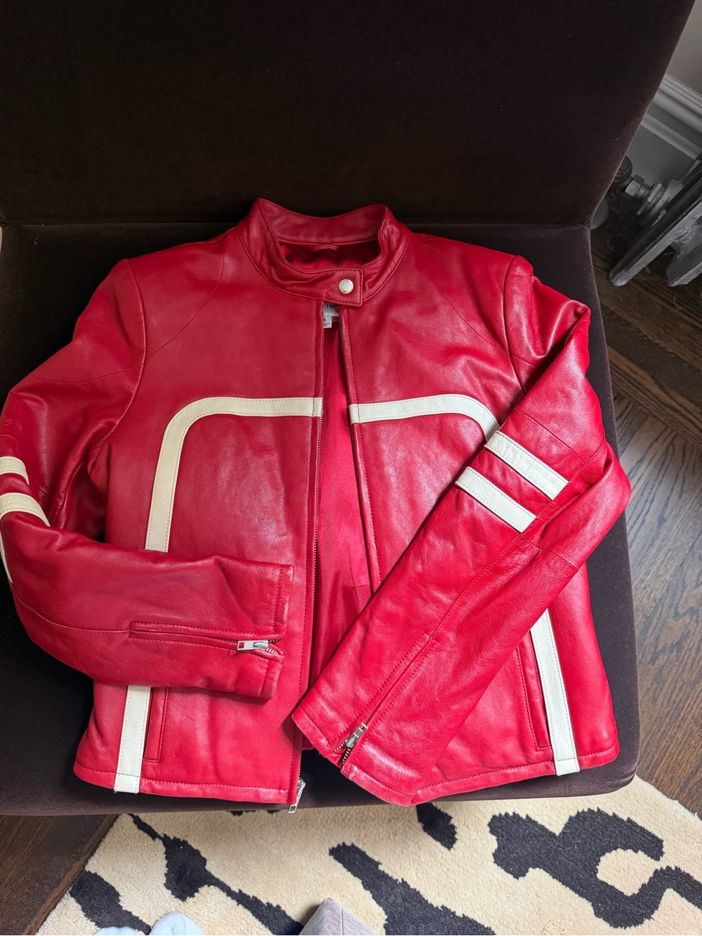 Wilsons Leather Red Leather Bomber Jacket with White Stripes